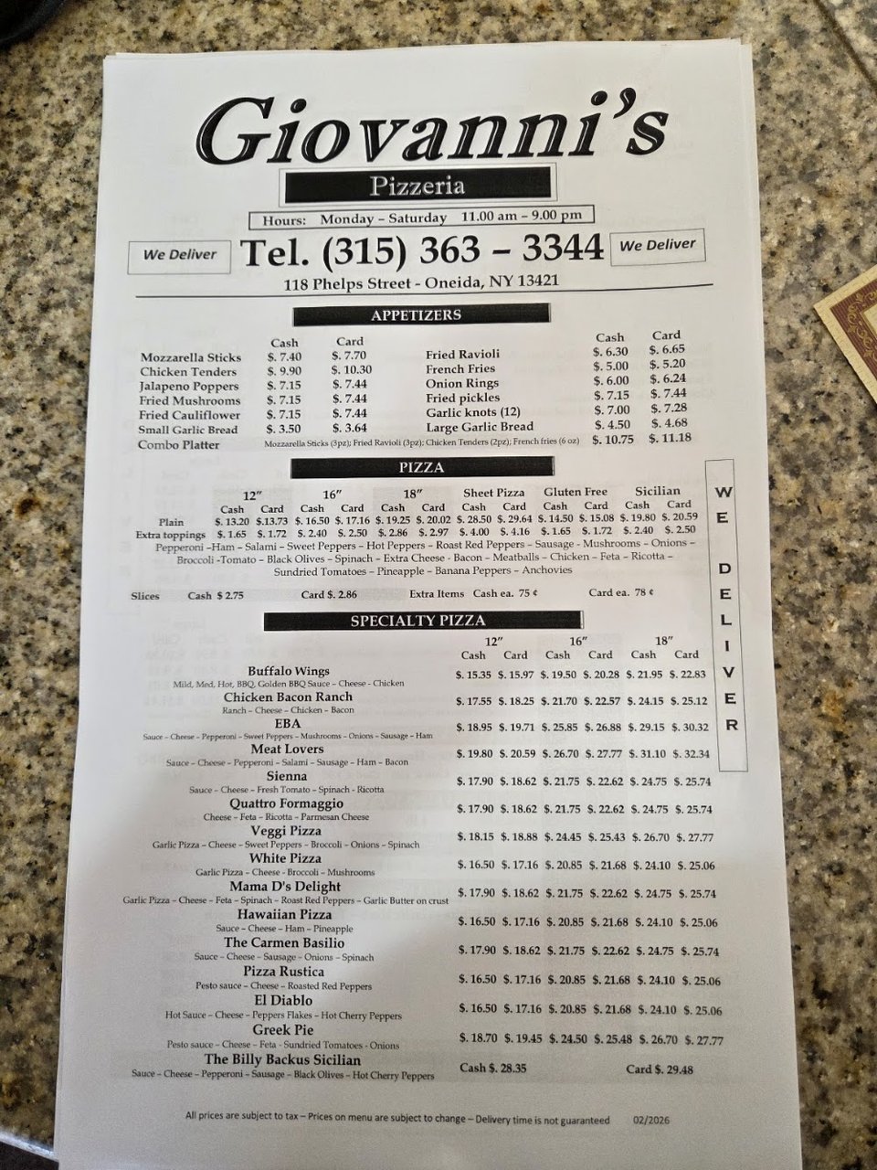 Menu page with drinks and specialty items.