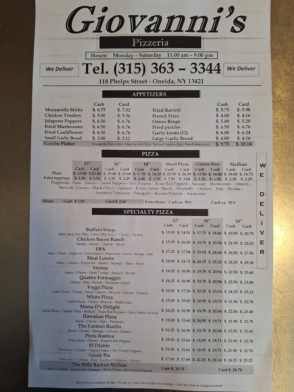 Simple menu layout for dine-in and takeaway.